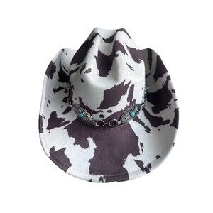 Illuma Cow Print Faux Suede Western Cowboy Hat Silver Concho Chain Band Rodeo